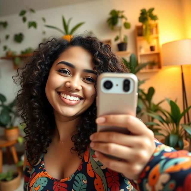 A cheerful 22-year-old chubby lady taking a selfie