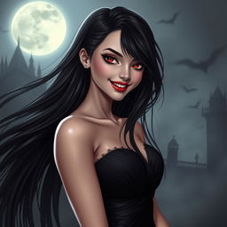 A stunning vampire girl with long flowing black hair cascading down her shoulders, sharp fangs peeking out from her seductive smile