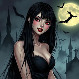 A stunning vampire girl with long flowing black hair cascading down her shoulders, sharp fangs peeking out from her seductive smile