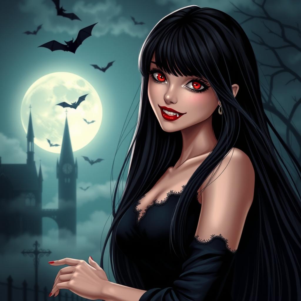 A stunning vampire girl with long flowing black hair cascading down her shoulders, sharp fangs peeking out from her seductive smile