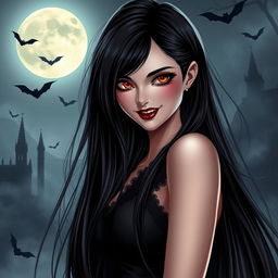 A stunning vampire girl with long flowing black hair cascading down her shoulders, sharp fangs peeking out from her seductive smile