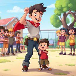 An animated scene depicting a brave boy courageously defending a smaller child who is being bullied