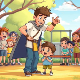 An animated scene depicting a brave boy courageously defending a smaller child who is being bullied