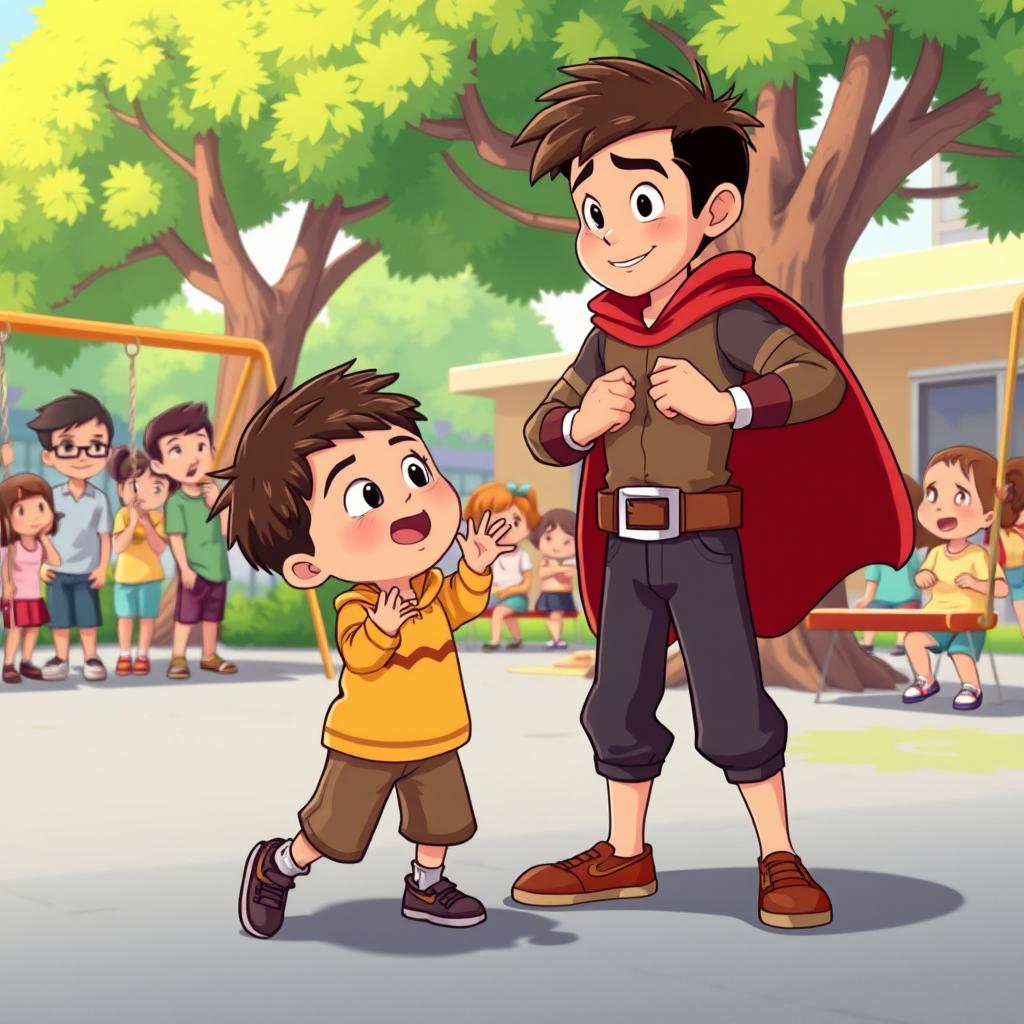 An animated scene depicting a brave boy courageously defending a smaller child who is being bullied