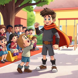 An animated scene depicting a brave boy courageously defending a smaller child who is being bullied
