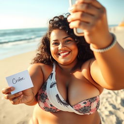 A cheerful 22-year-old chubby lady taking a selfie while wearing a stylish sling bikini