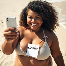 A cheerful 22-year-old chubby lady taking a selfie while wearing a stylish sling bikini