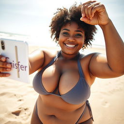 A cheerful 22-year-old chubby lady taking a selfie while wearing a stylish sling bikini