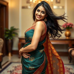 A sexy Indian MILF, exuding confidence and allure, elegantly wearing a vibrant saree that gracefully drapes around her curves