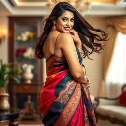 A sexy Indian MILF, exuding confidence and allure, elegantly wearing a vibrant saree that gracefully drapes around her curves
