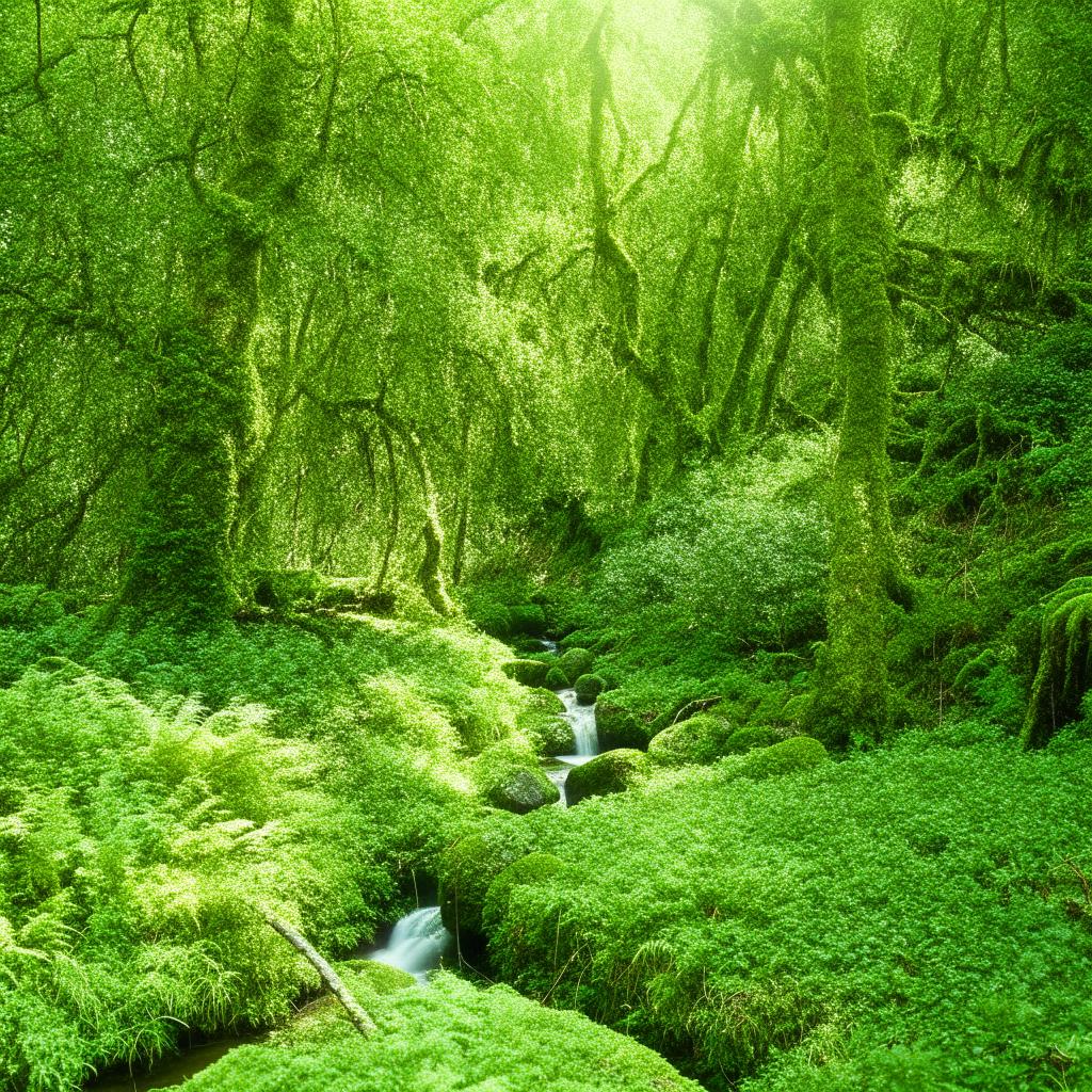 A tranquil, low stream flowing gently through a dense, lush forest.