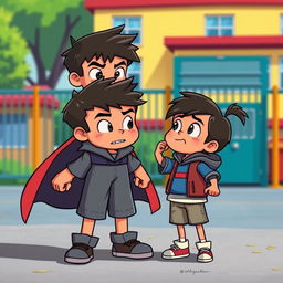 An animated scene depicting a brave boy standing up for a smaller child who is being bullied