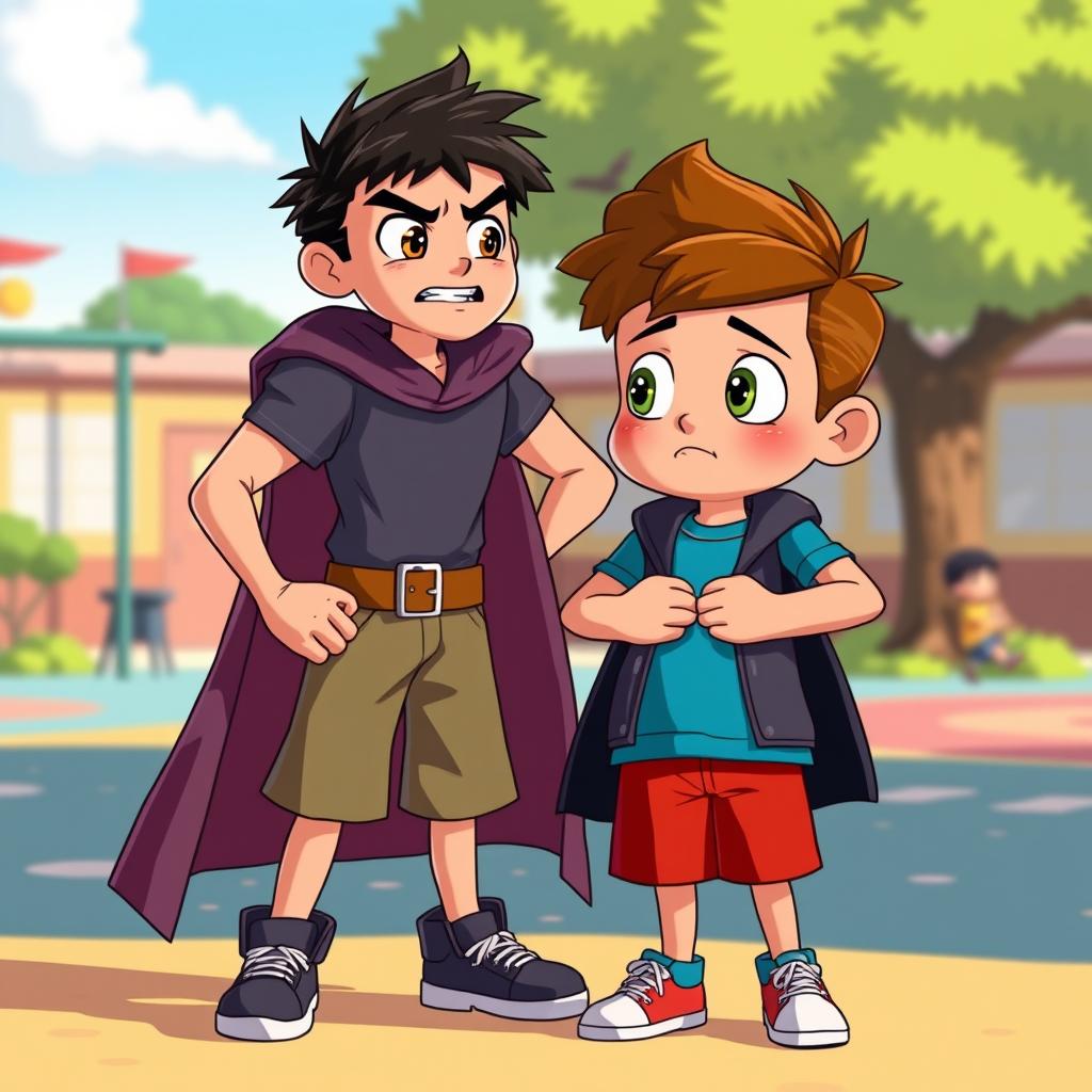 An animated scene depicting a brave boy standing up for a smaller child who is being bullied