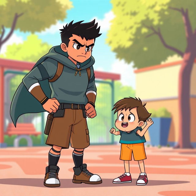 An animated scene depicting a brave boy standing up for a smaller child who is being bullied