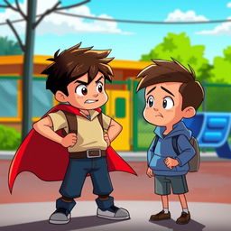 An animated scene depicting a brave boy standing up for a smaller child who is being bullied