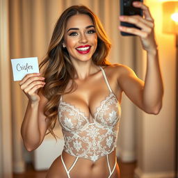 A playful and confident 22-year-old lady taking a selfie while wearing elegant lingerie and stylish high heels