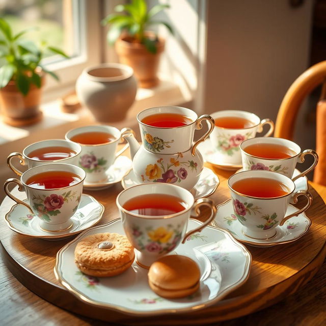 A beautifully arranged set of eight vintage teacups, each with a unique floral design, displayed elegantly on a wooden table