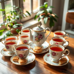 A beautifully arranged set of eight vintage teacups, each with a unique floral design, displayed elegantly on a wooden table