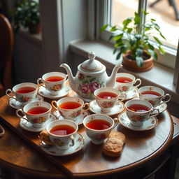 A beautifully arranged set of eight vintage teacups, each with a unique floral design, displayed elegantly on a wooden table