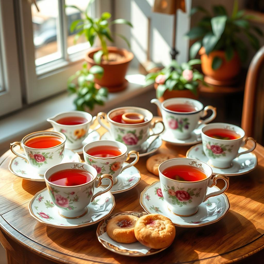 A beautifully arranged set of eight vintage teacups, each with a unique floral design, displayed elegantly on a wooden table