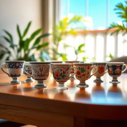 A beautifully arranged table setting featuring eight elegant cups, each with unique designs