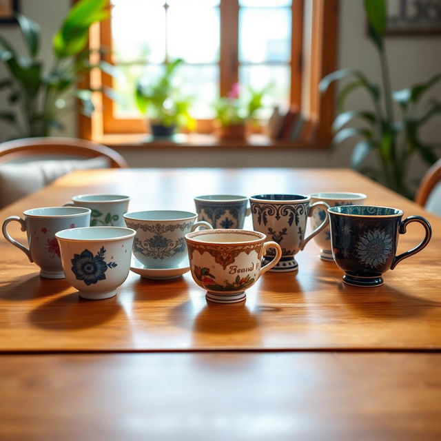 A beautifully arranged table setting featuring eight elegant cups, each with unique designs