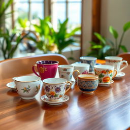A beautifully arranged table setting featuring eight elegant cups, each with unique designs
