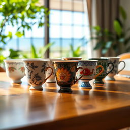 A beautifully arranged table setting featuring eight elegant cups, each with unique designs