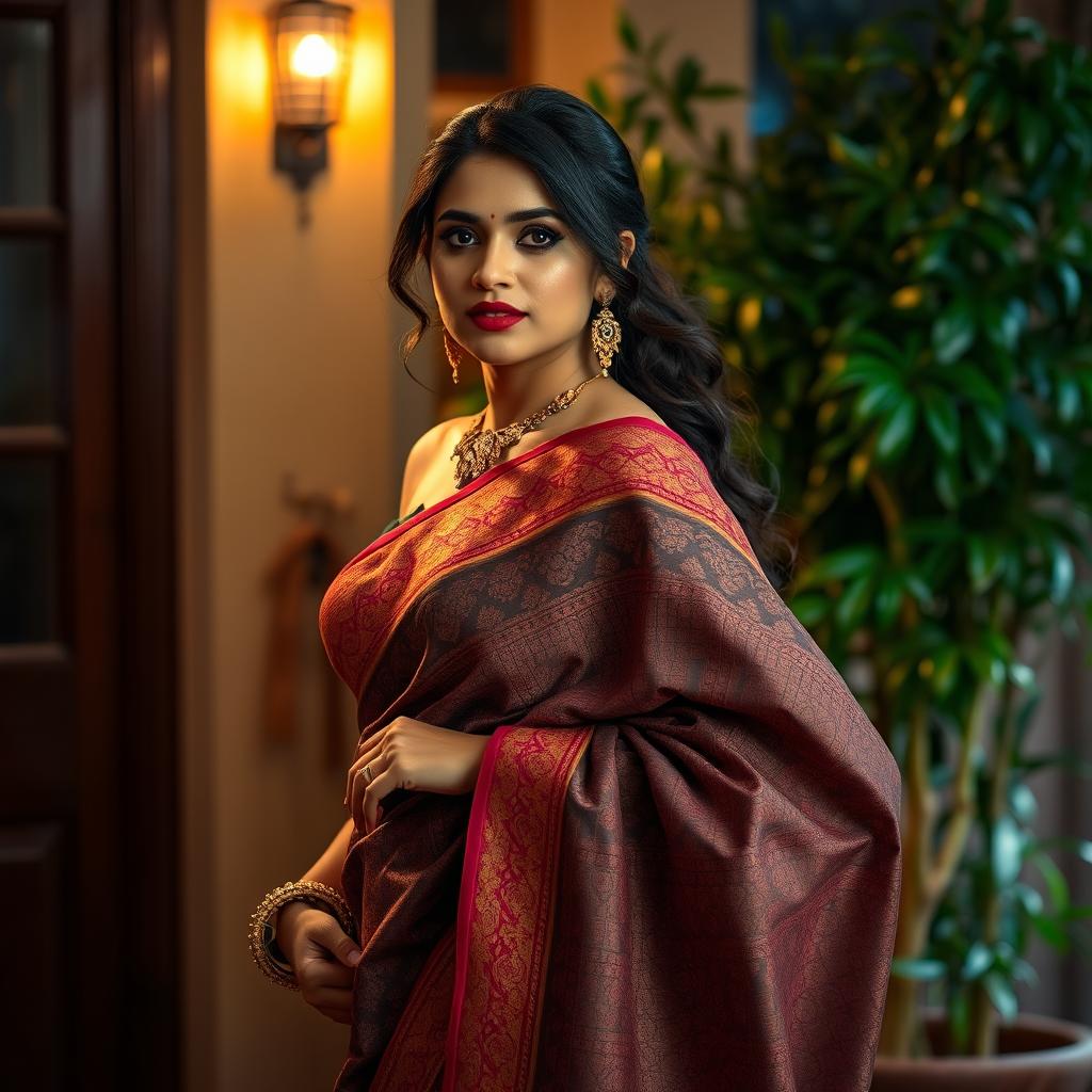 A sensual scene featuring an Indian woman wearing a beautiful saree, standing gracefully