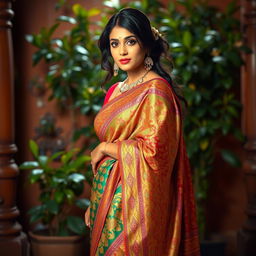 A sensual scene featuring an Indian woman wearing a beautiful saree, standing gracefully