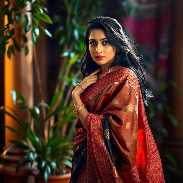 A sensual scene featuring an Indian woman wearing a beautiful saree, standing gracefully