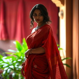 A sensual scene featuring an Indian woman wearing a beautiful saree, standing gracefully