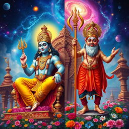 A dynamic and vivid depiction of Vishnu in his Rajavali avatar, showcasing his majestic form adorned with ornate jewelry and royal clothing, sitting majestically on a grand throne under a cosmic sky filled with stars and galaxies