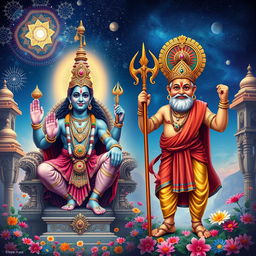 A dynamic and vivid depiction of Vishnu in his Rajavali avatar, showcasing his majestic form adorned with ornate jewelry and royal clothing, sitting majestically on a grand throne under a cosmic sky filled with stars and galaxies
