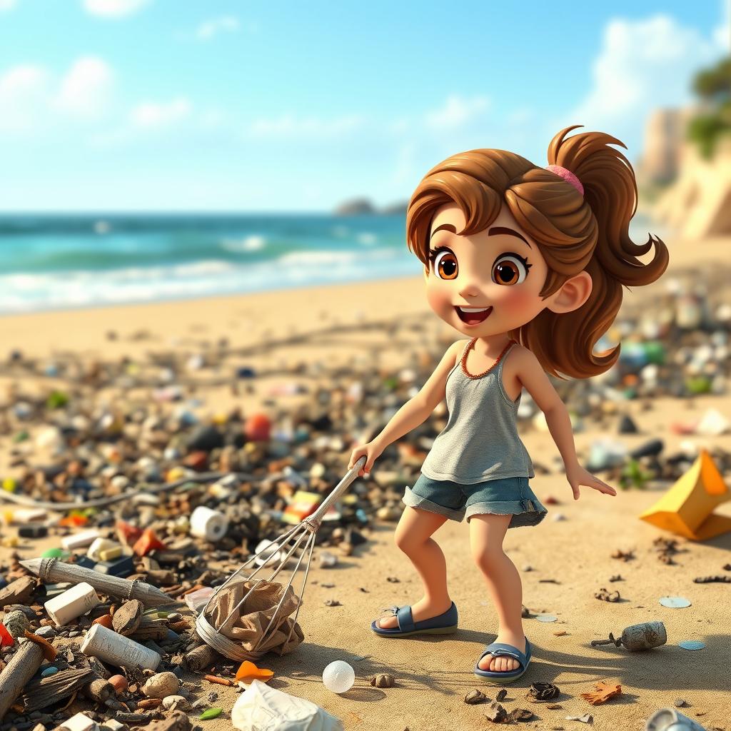 An animated scene featuring a young girl named Sofia, energetically cleaning a polluted beach