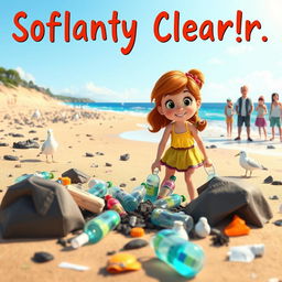 An animated scene featuring a young girl named Sofia, actively cleaning a polluted beach