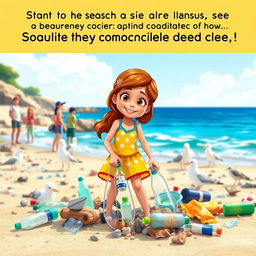 An animated scene featuring a young girl named Sofia, actively cleaning a polluted beach