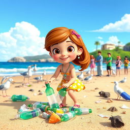 An animated scene featuring a young girl named Sofia, actively cleaning a polluted beach