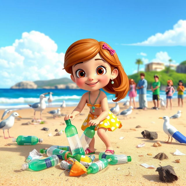 An animated scene featuring a young girl named Sofia, actively cleaning a polluted beach