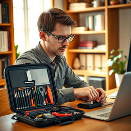 A focused man in his late 30s, with short brown hair and glasses, sitting at a wooden desk in a cozy office environment, using a portable computer toolkit