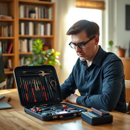 A focused man in his late 30s, with short brown hair and glasses, sitting at a wooden desk in a cozy office environment, using a portable computer toolkit