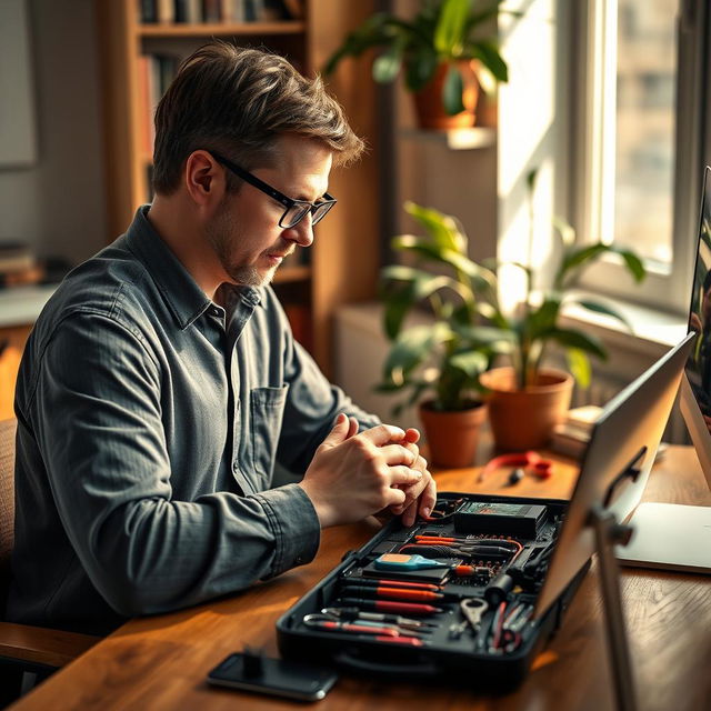 A focused man in his late 30s, with short brown hair and glasses, sitting at a wooden desk in a cozy office environment, using a portable computer toolkit