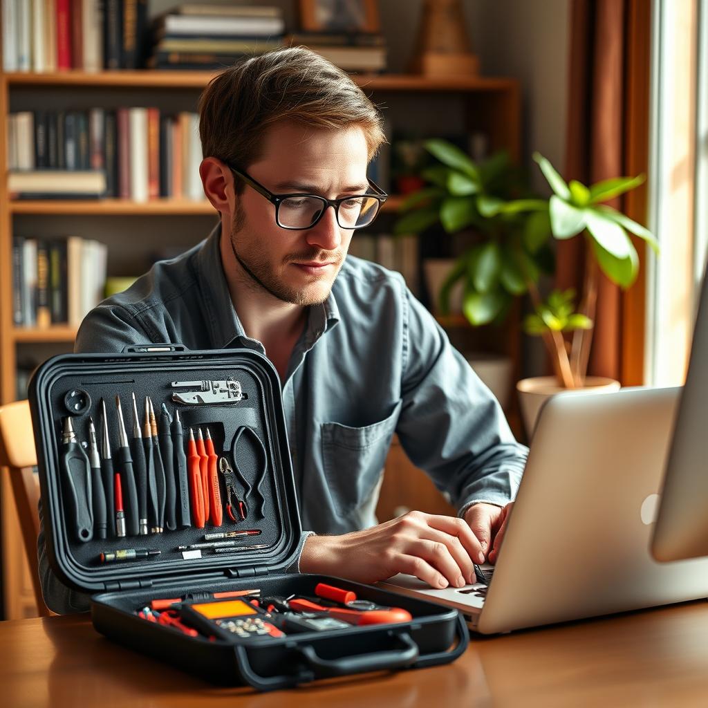 A focused man in his late 30s, with short brown hair and glasses, sitting at a wooden desk in a cozy office environment, using a portable computer toolkit