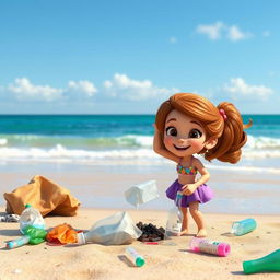 An animated scene showcasing a young girl named Sofia, enthusiastically cleaning a polluted beach