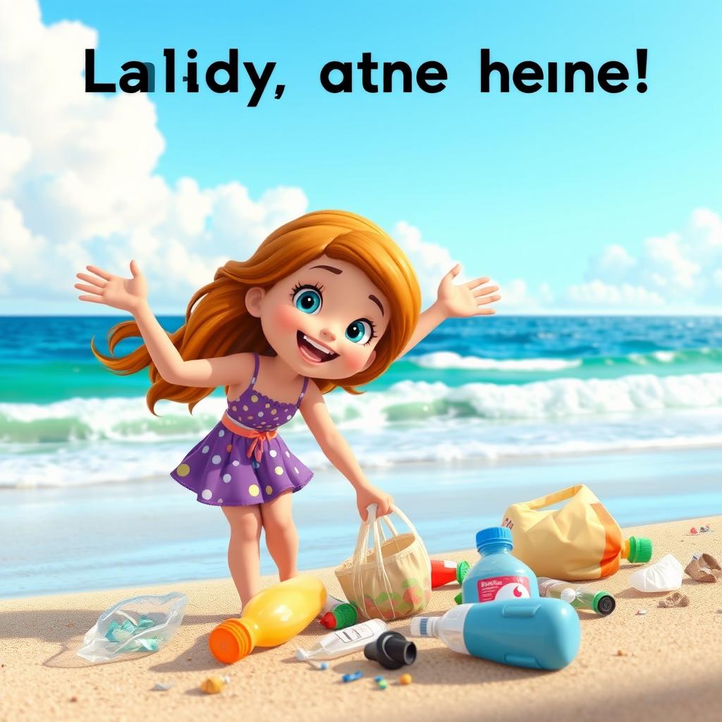 An animated scene showcasing a young girl named Sofia, enthusiastically cleaning a polluted beach