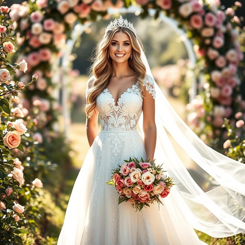 A beautiful bride standing elegantly in a stunning, flowing white wedding gown adorned with intricate lace and delicate floral embroidery