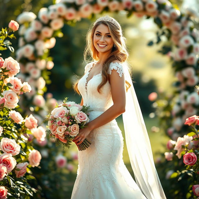 A beautiful bride standing elegantly in a stunning, flowing white wedding gown adorned with intricate lace and delicate floral embroidery