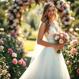 A beautiful bride standing elegantly in a stunning, flowing white wedding gown adorned with intricate lace and delicate floral embroidery