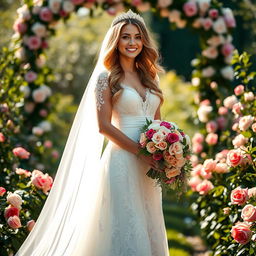 A beautiful bride standing elegantly in a stunning, flowing white wedding gown adorned with intricate lace and delicate floral embroidery