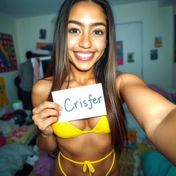 A vibrant amateur selfie of a 21-year-old Latina girl in a stylish yellow strap bikini